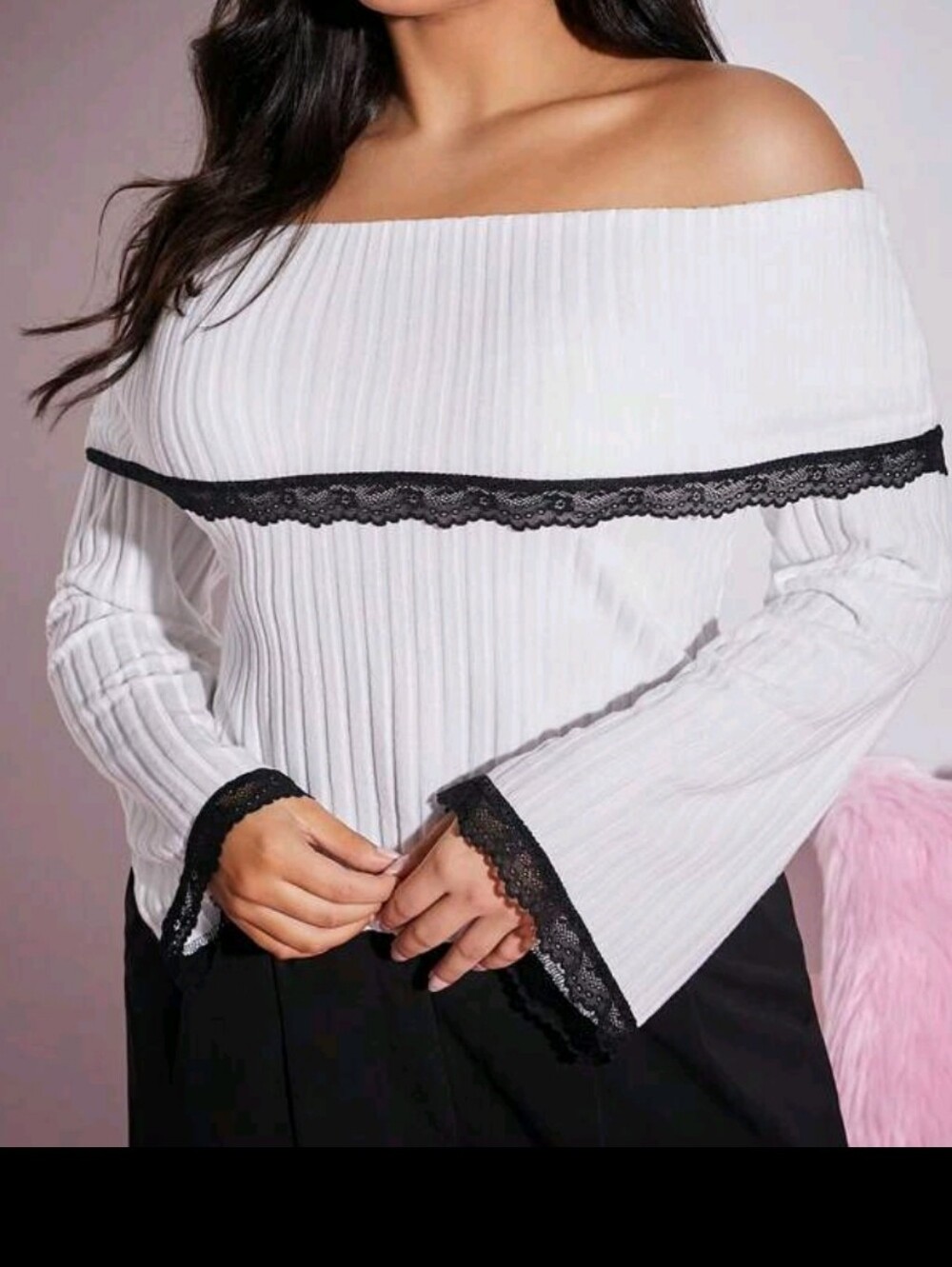 Off-Shoulder White Ribbed Sweater with Black Lace Trim